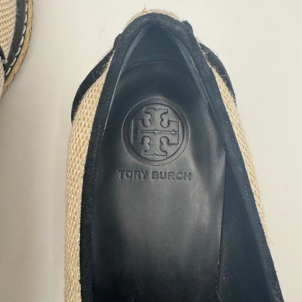 Tory Burch Beige Woven Espadrille Oxford Lace Up Flats Black Trim Women's 7.5M